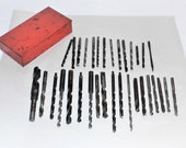 Vintage Collection of 32 Drill Bits Indestro Mfg Co Red Metal Box
