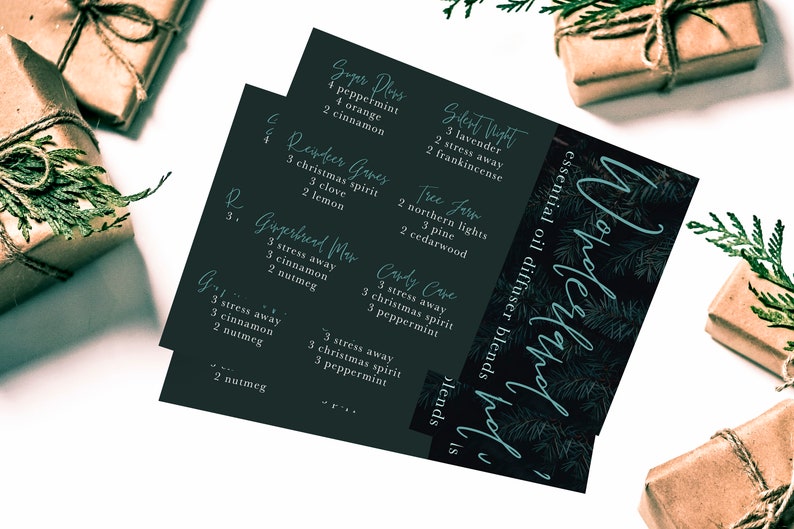 Peut inclure: Une carte noire avec un fond blanc et un motif floral vert. La carte contient une liste de m&eacute;langes de diffuseurs d'huiles essentielles avec des noms comme "Gingerbread Man" et "Silent Night".