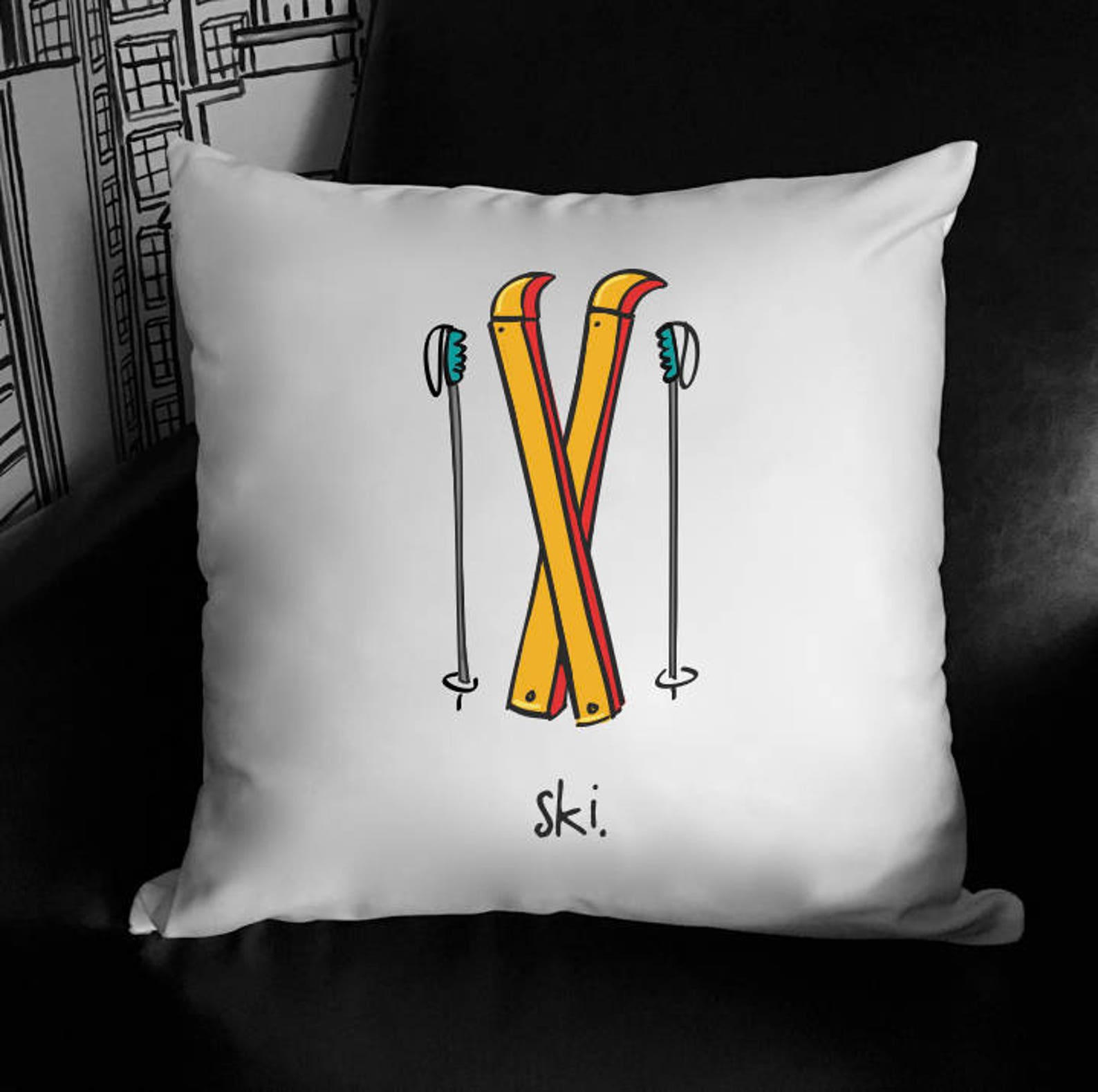 Ski. Accent Pillow. Modern Nursery Decor. 18x18 Throw Pillow. Skiing