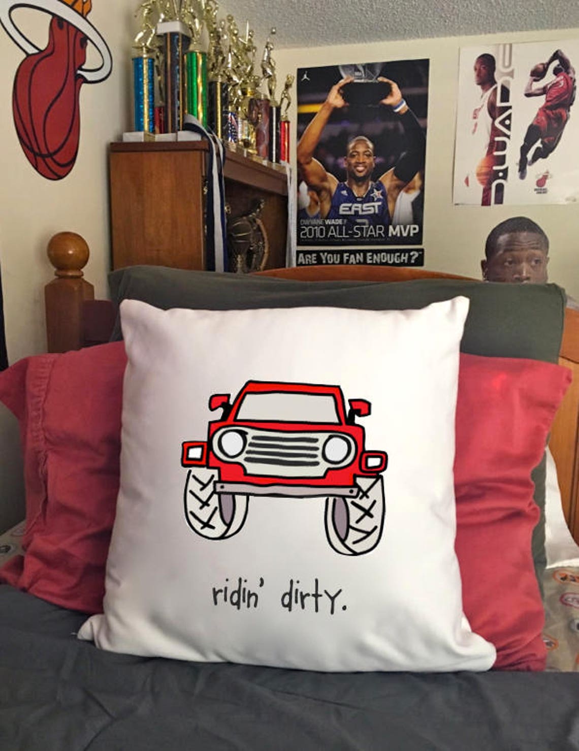 Ridin' Dirty. Throw Pillow. Red Truck. Big Wheels. Big Red. Monster
