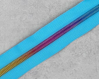 Aqua Blue Zipper Tape with Rainbow Zipper Teeth #5 - 32" 0.8 yards