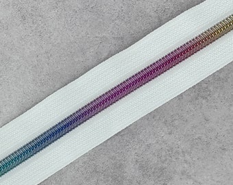 White Zipper Tape with Rainbow Zipper Teeth #5 - 31" 0.85 yards, 57" 1.58 yards