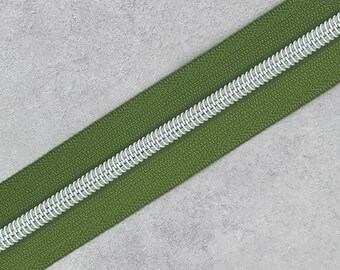 Olive Green Zipper Tape with Silver Zipper Teeth #5 - 15" 0.42 yards