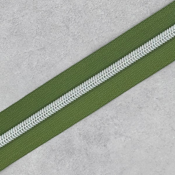 Olive Green Zipper Tape with Silver Zipper Teeth #5 - 15" 0.42 yards