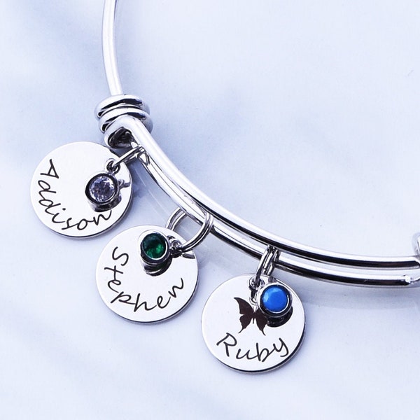 Personalised Birthstone Bracelet, Mothers Bracelet, Custom Bracelet with kids Names, Name Bracelet Bangle with Birthstone, Grandmother Gift