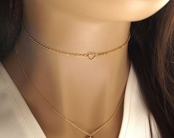 Delicate dainty heart choker in silver rose gold or gold plated- tiny open heart necklace, open heart choker- gifts for her , dainty choker