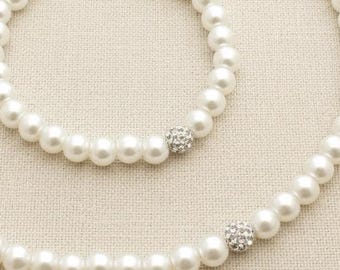 Simple Pearl Necklace & Bracelet Set With Crystal Ball - Flower Girl Gift