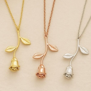 Rose Stem Pendant Necklace Gifts For Her Rose Flower Necklace Silver Rose Gold or 16k Gold Plated Rose Necklace Gifts For Mom Rose Jewelry