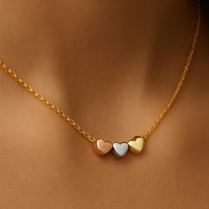 Collar de tres corazones, tritono, regalo para hermana, collar de corazón, joyería, regalos para dama de honor para ella, chapado en plata, chapado en oro rosa, chapado en oro de 16 quilates.