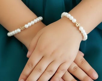 Childrens Lowercase Initial Pearl Bracelet - Flower Girl Gift - Wedding Jewellery - Baby Child Infant Bracelet