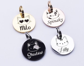 Personalised Cat Tag Small Cat or Kitten Name Tag Cute Name Tag For Cats Black Silver Gold or Rose Gold Cat Tag for Collar Engraved Cat Tag