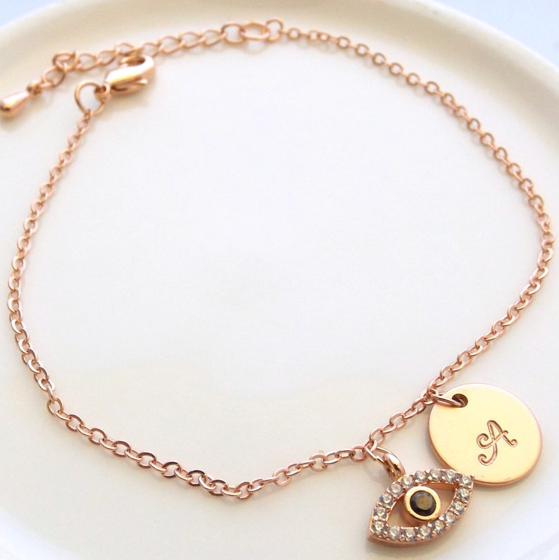 Rose gold evil eye bracelet-Initial and evil eye bracelet, rose gold gold plated evil eye jewelry, initial bracelet, bridesmaid gift image 2