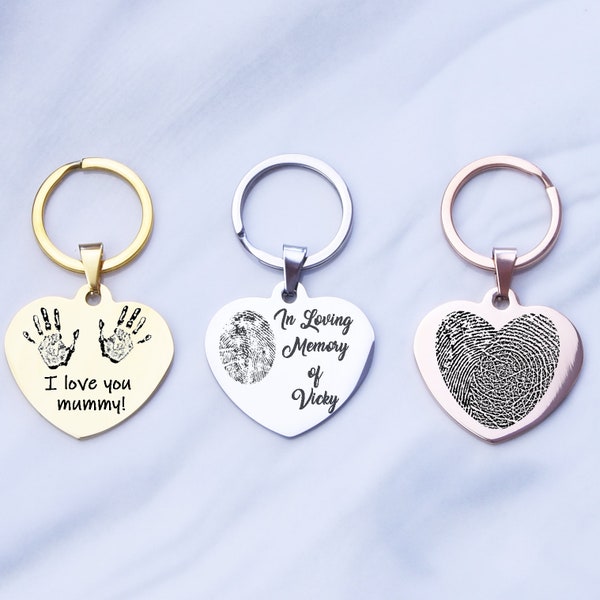 Actual fingerprint key chain, actual hand print or foot print key chain, engraved heart key chain, mother's key chain, memorial gift