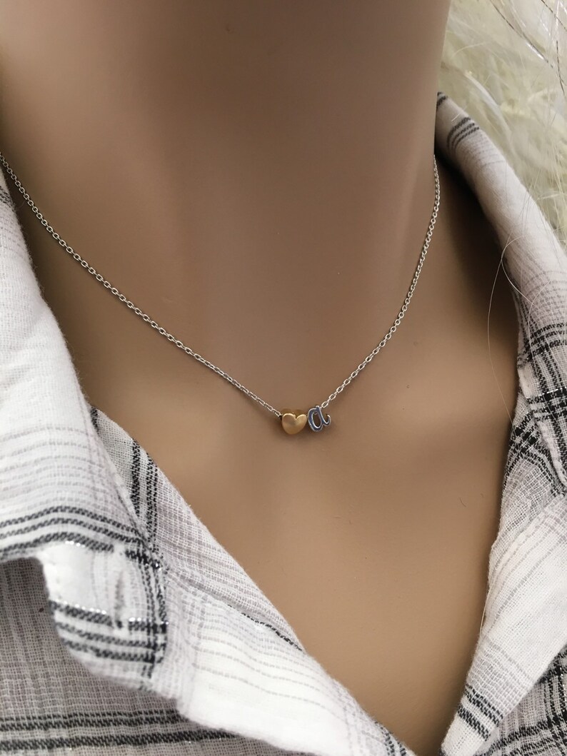 Initial Necklace Heart and Initial Necklace Two Tone Silver Etsy