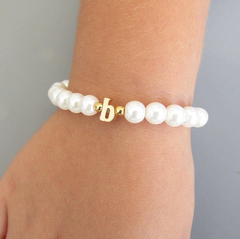 Flower Girl Gift , Gold Lowercase Initial Bracelet For Kids, Personalized Flower Girl Bracelet, Baby Child Infant Toddler Stretch Bracelet image 3