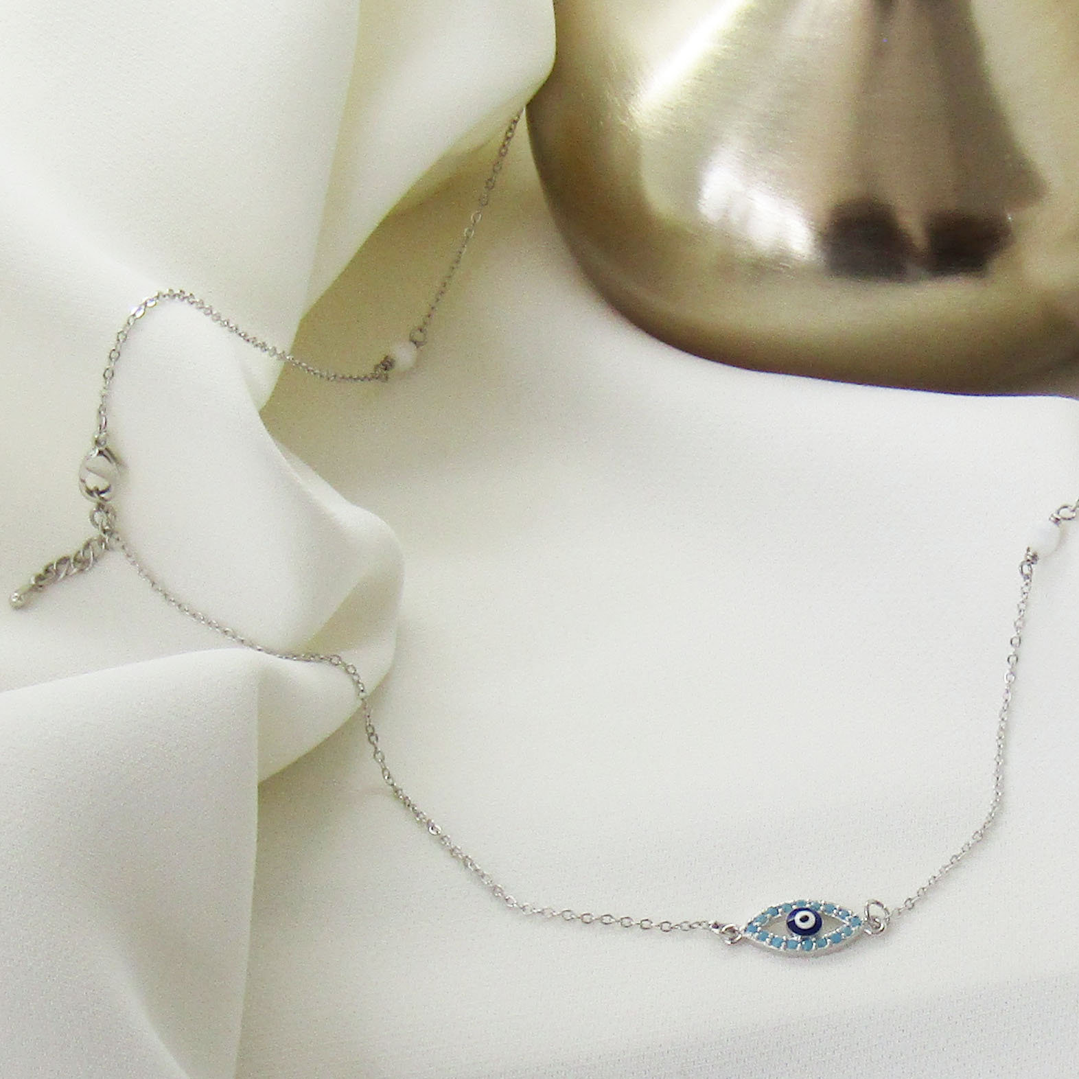 925K Silver Plated Evil Eye Pendant Necklace Turkish Greek Charm 45cm Chain