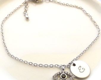 Silver evil eye bracelet- Silver initial and evil eye bracelet, initial bracelet,bridesmaid gift, evil eye jewelry , personalized evil eye