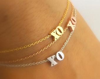 Xo bracelet- silver rose gold gold plated xo bracelet, hugs and kisses bracelet, bridesmaid gift, valentine gift, girlfriend gift