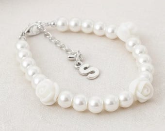 Personalised Flower Girl Bracelet | Silver Initial Pearl Bracelet | Keepsake Gift | Wedding Jewellery | Bloom