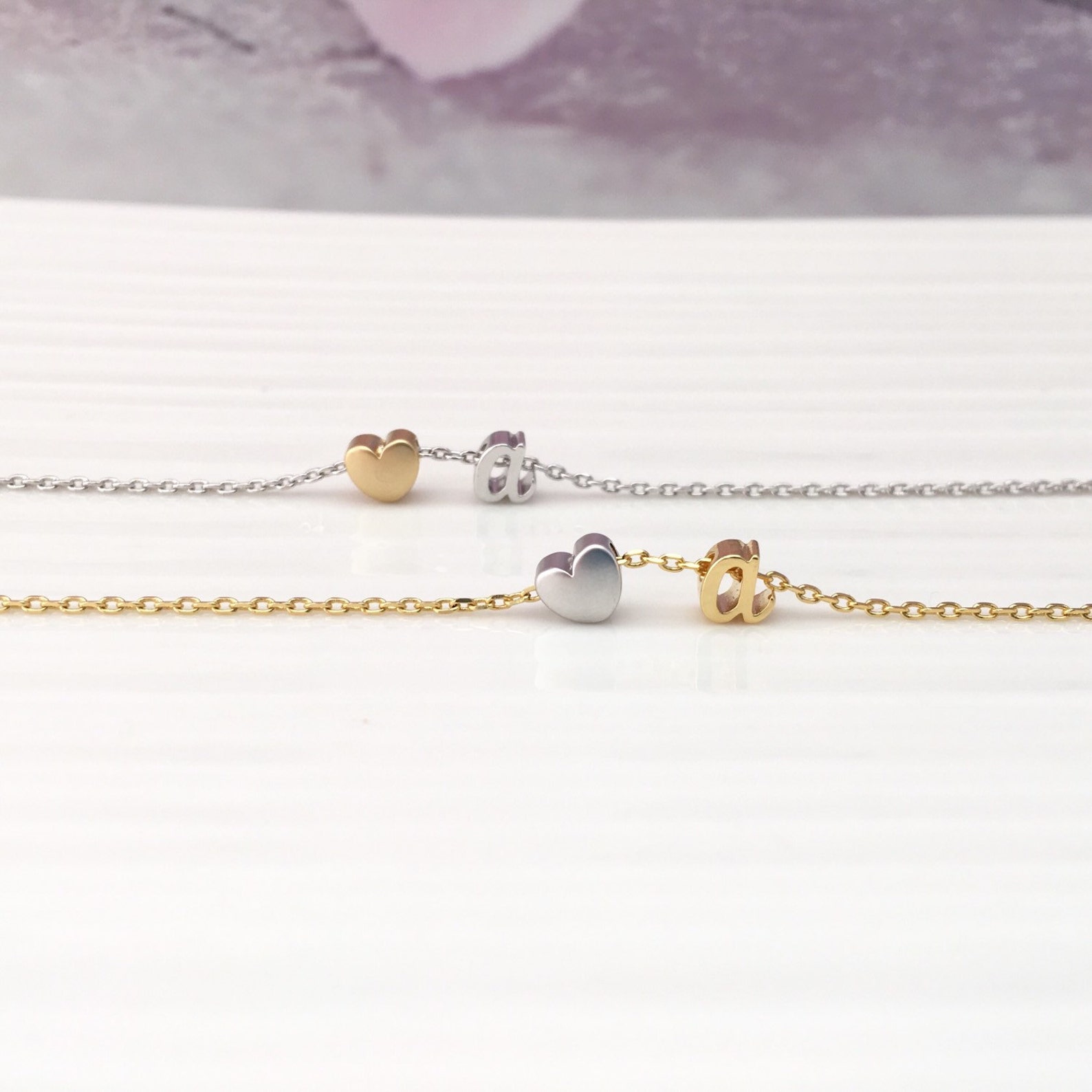 Initial Necklace Heart and Initial Necklace Two Tone Silver Gold