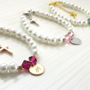 Children's pearl bracelet with cross, baby girl or baby boy personalized christening baptism gift, first communion gift, custom baptism gift