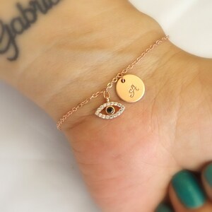 Rose gold evil eye bracelet-Initial and evil eye bracelet, rose gold gold plated evil eye jewelry, initial bracelet, bridesmaid gift image 3