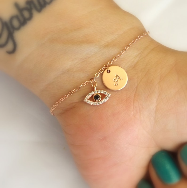 Rose gold evil eye bracelet-Initial and evil eye bracelet, rose gold gold plated evil eye jewelry, initial bracelet, bridesmaid gift image 3