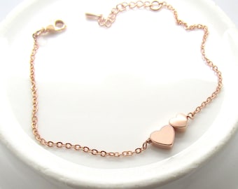 Rose Gold Double Heart Bracelet-bracelet coeur, bracelet 2 coeurs, bracelet coeur en or rose, cadeau de demoiselle d'honneur, bijoux de mariage, Saint Valentin