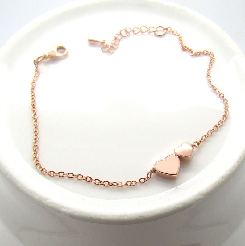 Rose Gold Double Heart Bracelet heart bracelet, 2 hearts bracelet, rose gold heart bracelet, bridesmaid gift, wedding jewelry, valentine image 1