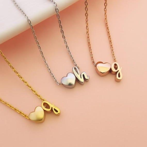 Tiny Lowercase Cursive Initial and Heart Necklace, Dainty Cursive