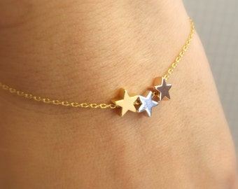 Three tri tone star bracelet - bridesmaid bracelet , bridsmaid gift, lucky star wife gift personalized mom sister gift auntie gift godmother