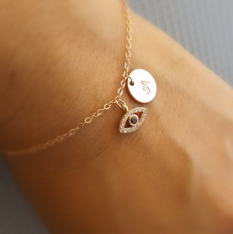 Rose gold evil eye bracelet-Initial and evil eye bracelet, rose gold gold plated evil eye jewelry, initial bracelet, bridesmaid gift image 1