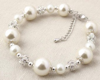 Pearl Bridesmaid Bracelet with Rhinestone Beads, Bridal Jewellery