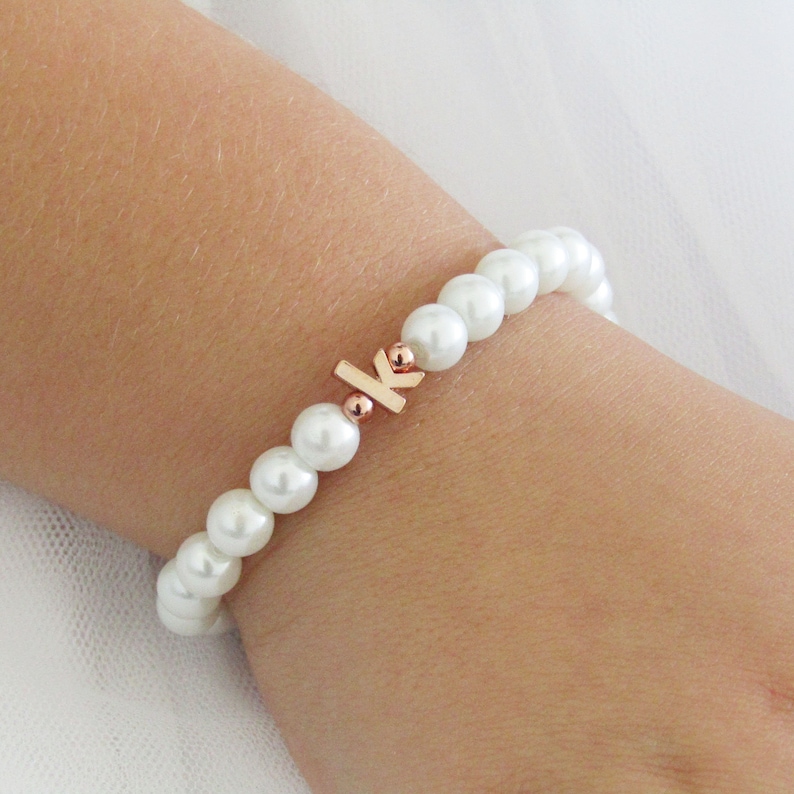 Flower Girl Gift, Children's Rose Gold Lowercase Initial Bracelet On Stretch Cord, Flower Girl Gift Idea, Personalized Flower Girl Bracelet image 1