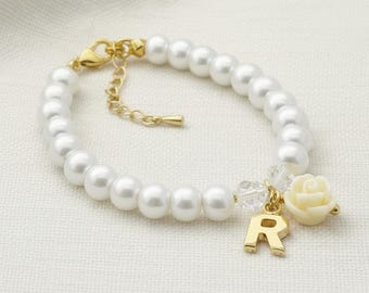 Personalised Flower Girl Bracelet | Gold Initial Pearl Bracelet | Keepsake Gift | Wedding Jewellery | Rose