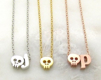 Skull Necklace//Tiny Personalized Skull Choker//Initial Necklace//Halloween Jewelry//Silver Rose Gold or 16k Gold Plated//Skull Jewelry