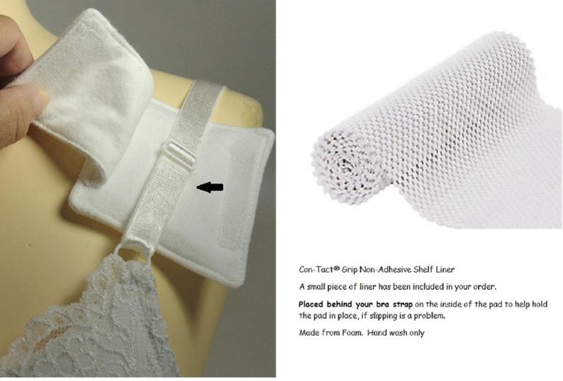 May include: White bra strap pads with a small piece of white shelf liner. The pads are designed to help keep bra straps in place. The shelf liner is a non-adhesive grip.
