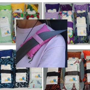 May include: A collection of colorful fabric-covered pillows with different patterns and designs. The pillows are filled with a material that can be heated or cooled for comfort. The pillows are shown in a variety of settings, including a car seat and a bed.