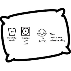Puede incluir: Instrucciones de cuidado de almohada blanca. Incluye s&iacute;mbolos para lavar a m&aacute;quina, secar en secadora a baja temperatura, algod&oacute;n e instrucciones para cerrar el velcro antes de lavar.