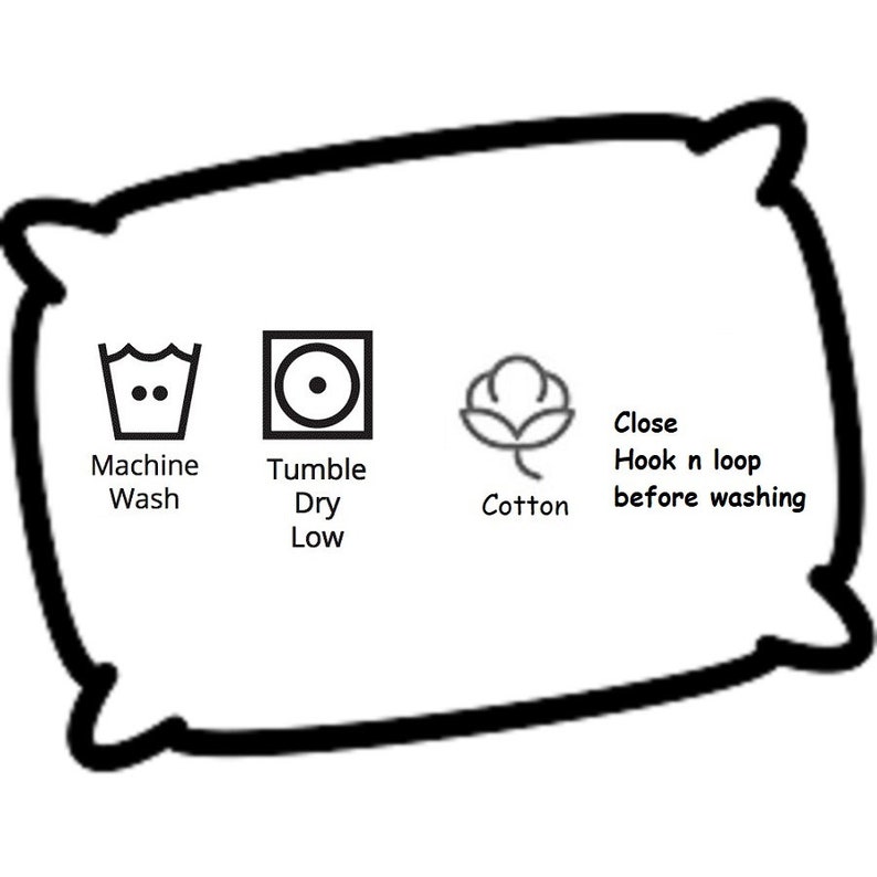 Puede incluir: Instrucciones de cuidado de almohada blanca. Incluye s&iacute;mbolos para lavar a m&aacute;quina, secar en secadora a baja temperatura, algod&oacute;n e instrucciones para cerrar el velcro antes de lavar.