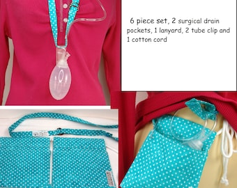 Surgical drain pockets and lanyard with tube clips, Mastectomy, Breast, Cancer, Cosmetic, Augmentations, Tummy Tucks, Weight Reduction,