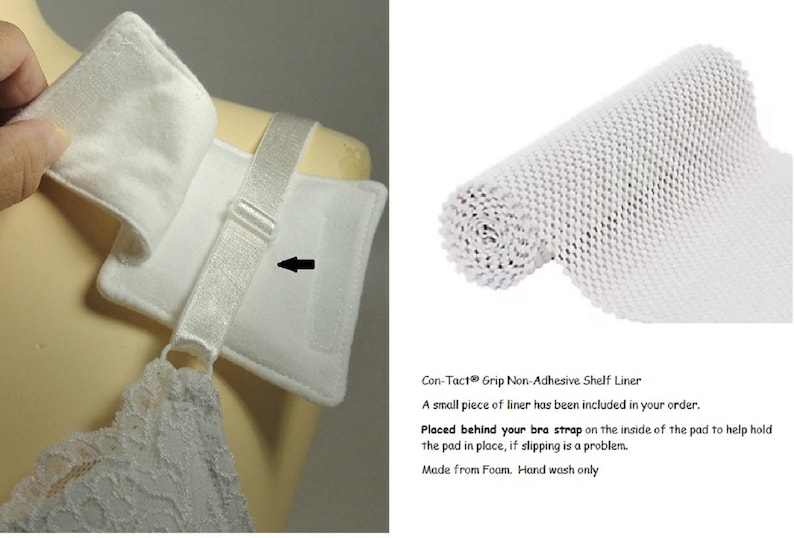 Puede incluir: Una almohadilla de tela blanca para tirante de sujetador con cierre de velcro, dise&ntilde;ada para envolver el tirante. Se incluye un peque&ntilde;o trozo de revestimiento de estante blanco no adhesivo con patr&oacute;n de rejilla para colocar tras el tirante.