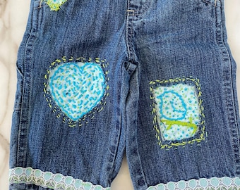 Jeans 6/9 months Miniwear up cycle elastic waist custom embroidery knee patch cutouts pull on