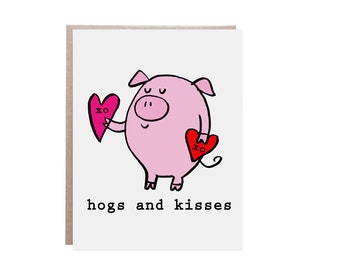 Hugs and Kisses, Hogs and Kisses, Cute Love Card, Love Card, Pig Card