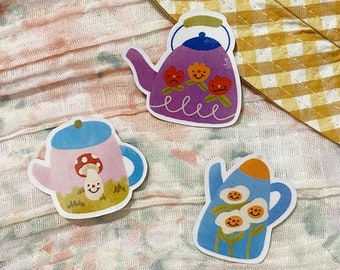 Teapot, teacup, strawberry jam, cake, cake slice Set of five waterproof vinyl stickers