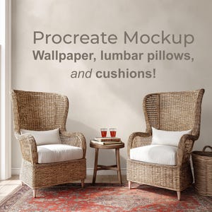May include: Two wicker armchairs with white cushions on a patterned red rug. A small wooden side table holds books and drinks. The image text reads "Procreate Mockup Wallpaper, lumbar pillows, and cushions!"