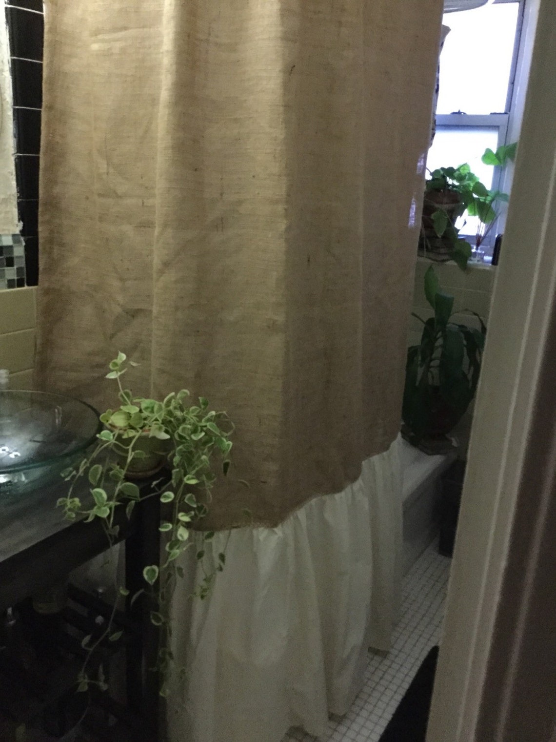 Burlap Shower Curtain, Natural Burlap/muslin Shirred/gathered Bottom