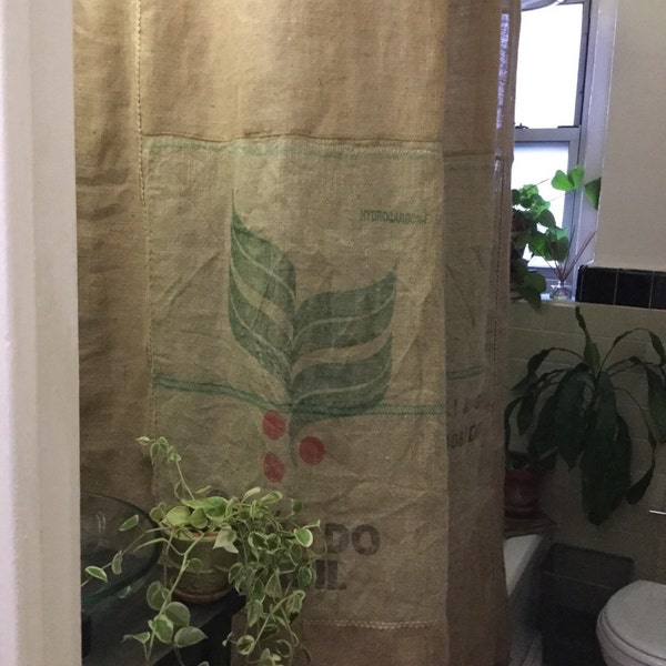 Recycled Primitive Coffee Beans Bag Picture Frame Shower Curtain, Farmhouse Country Rustic Shower Curtain With Ruffle Bottom