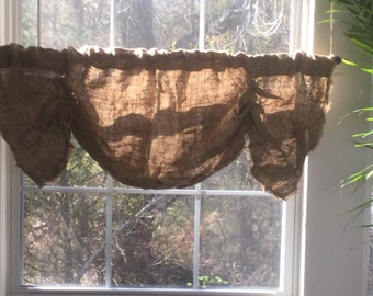Natural Burlap French Country Cottage Shabby Chic Wrinkled Valance Curtain, Primitive Rustic Crinkled Natural Burlap Valance