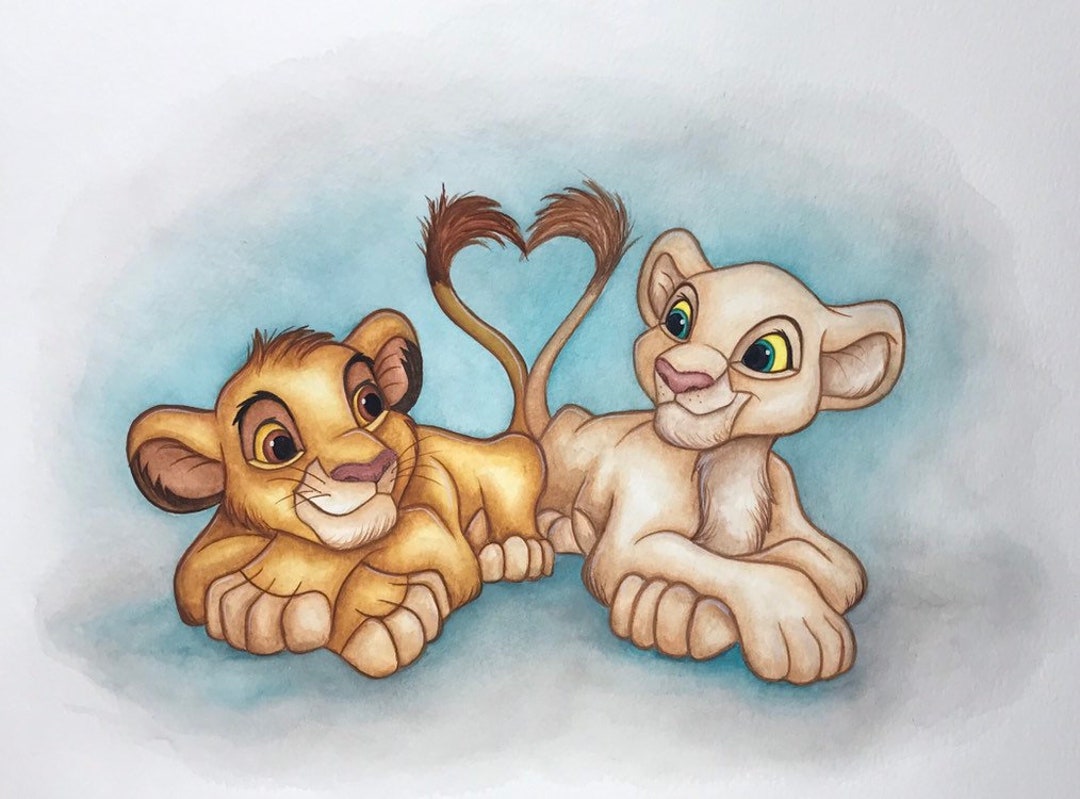 Disneys the Lion King Simba and Nala Watercolor Painting Print Etsy
